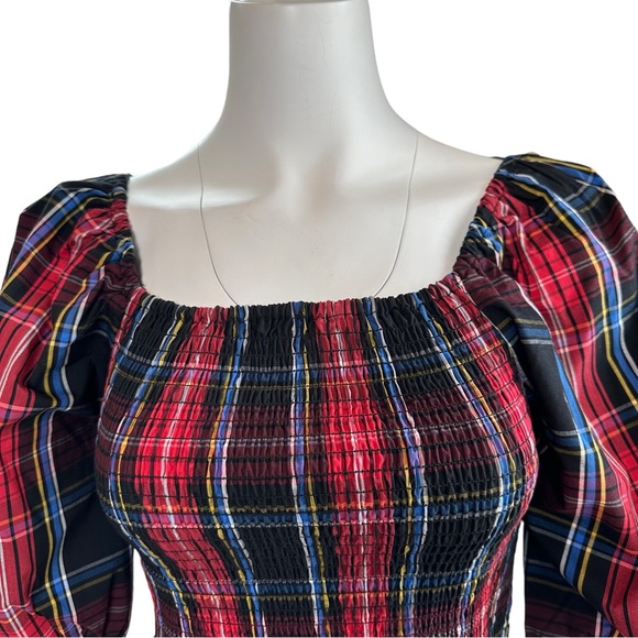 NWT Draper James Smocked Plaid Blouse Elbow Length Puff Sleeves XS - Picture 3 of 8